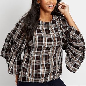 Maurices Plaid Kimono Sleeve Blouse -Size Large - Tie Back Popover - Casual Fall